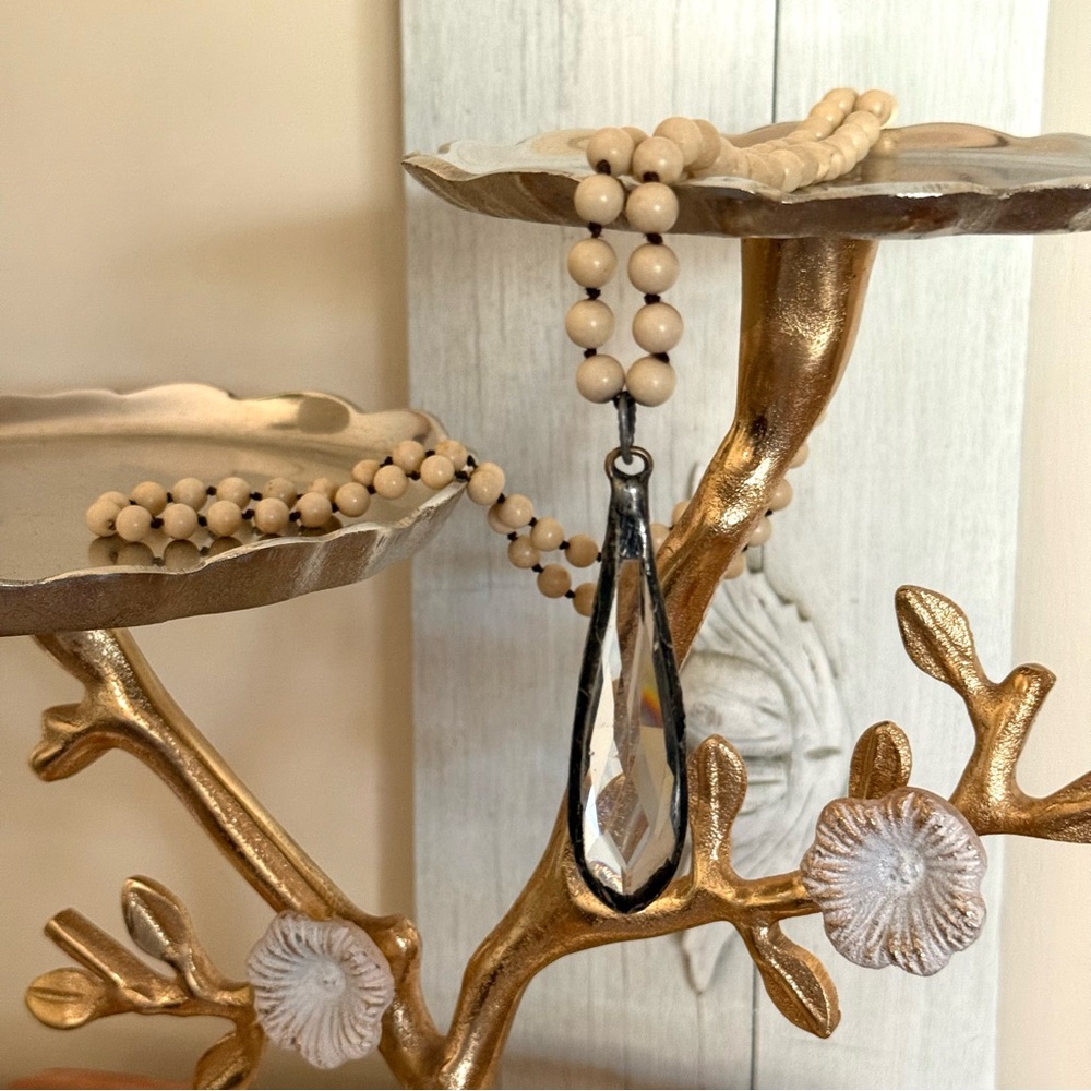 Elegant Cream Beaded Necklace with Vintage Italian Teardrop Crystal, 46” - Picture 5 of 6
